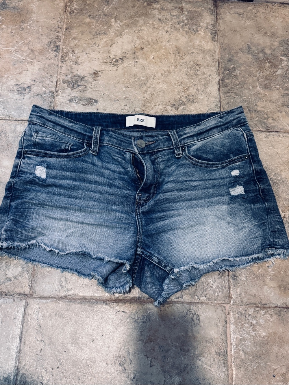 BKE Women's Faded Blue Distressed Denim Shorts